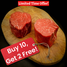 Load image into Gallery viewer, TWELVE PACK SPECIAL: USDA Choice Filet Mignon Steaks, 8 oz, Center Cut - Buy 10, Get 2 Free - Online Only Special